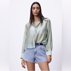 Zara Sheer Mint Crinkle Button-Down Shirt - Women